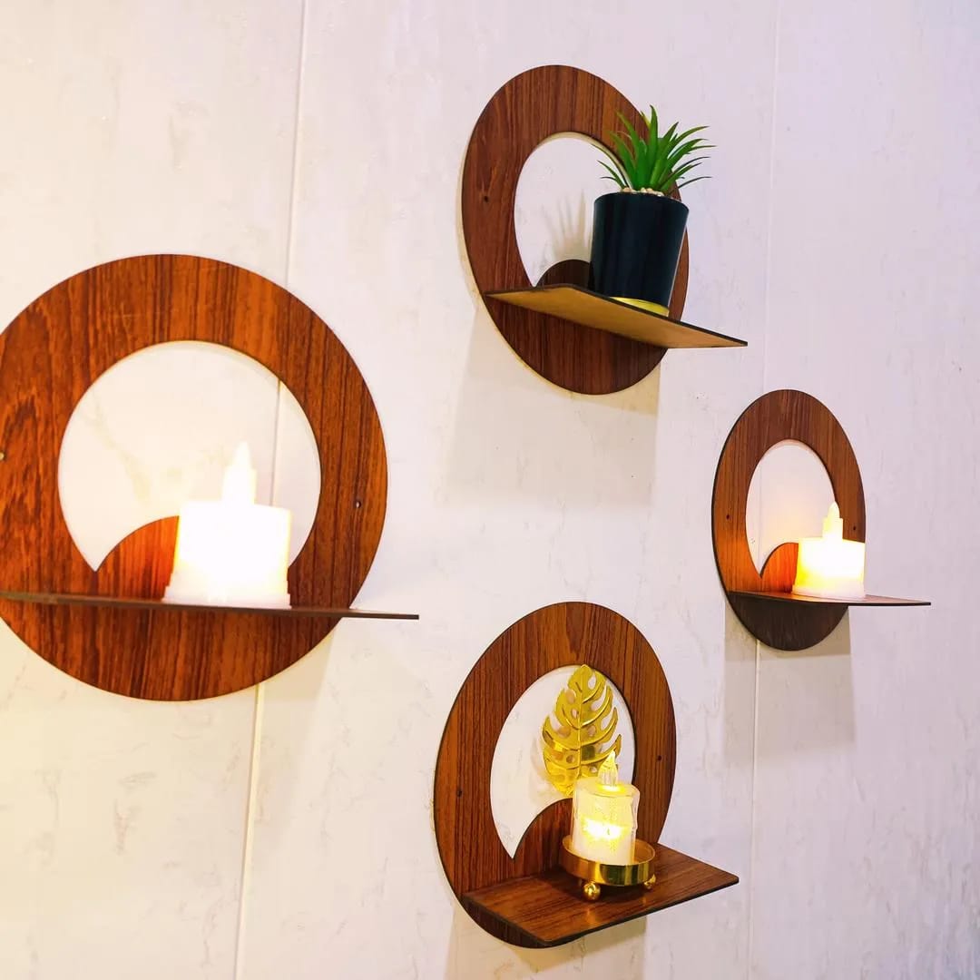 Set of 4 Wooden Round Wall Shelves | Home Decor Circle Display Rack for Living Room Bedroom I Decoration Pieces I Decoration Item For Home - TACHNBEAUTY