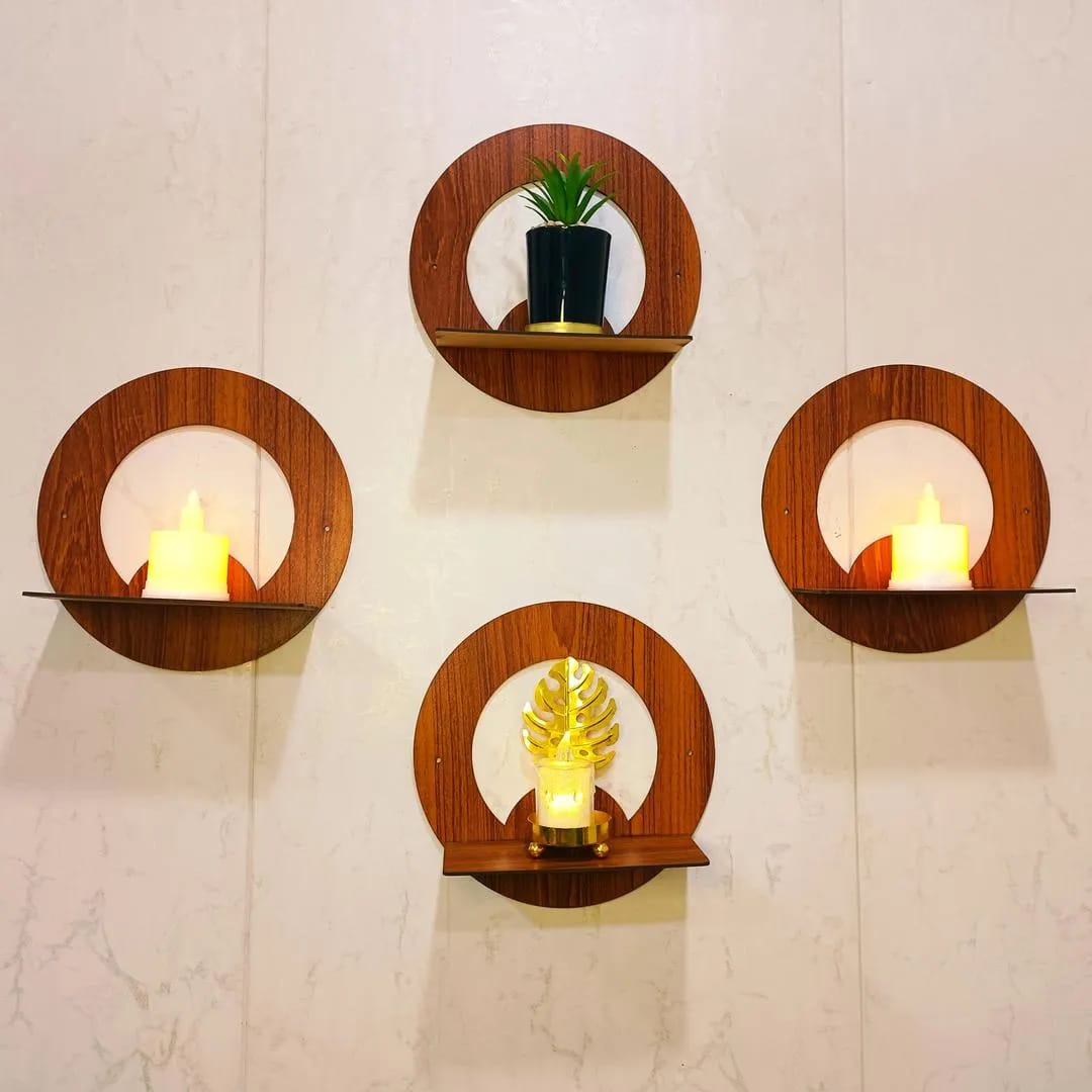 Set of 4 Wooden Round Wall Shelves | Home Decor Circle Display Rack for Living Room Bedroom I Decoration Pieces I Decoration Item For Home - TACHNBEAUTY